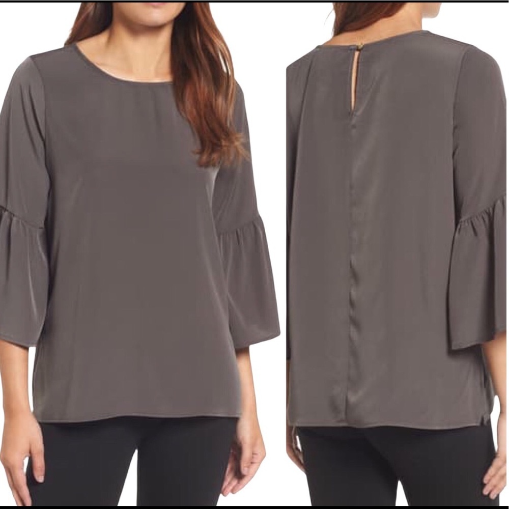 Bobeau Nordstrom Boho Olive Green Bell Sleeve Keyhole Blouse M